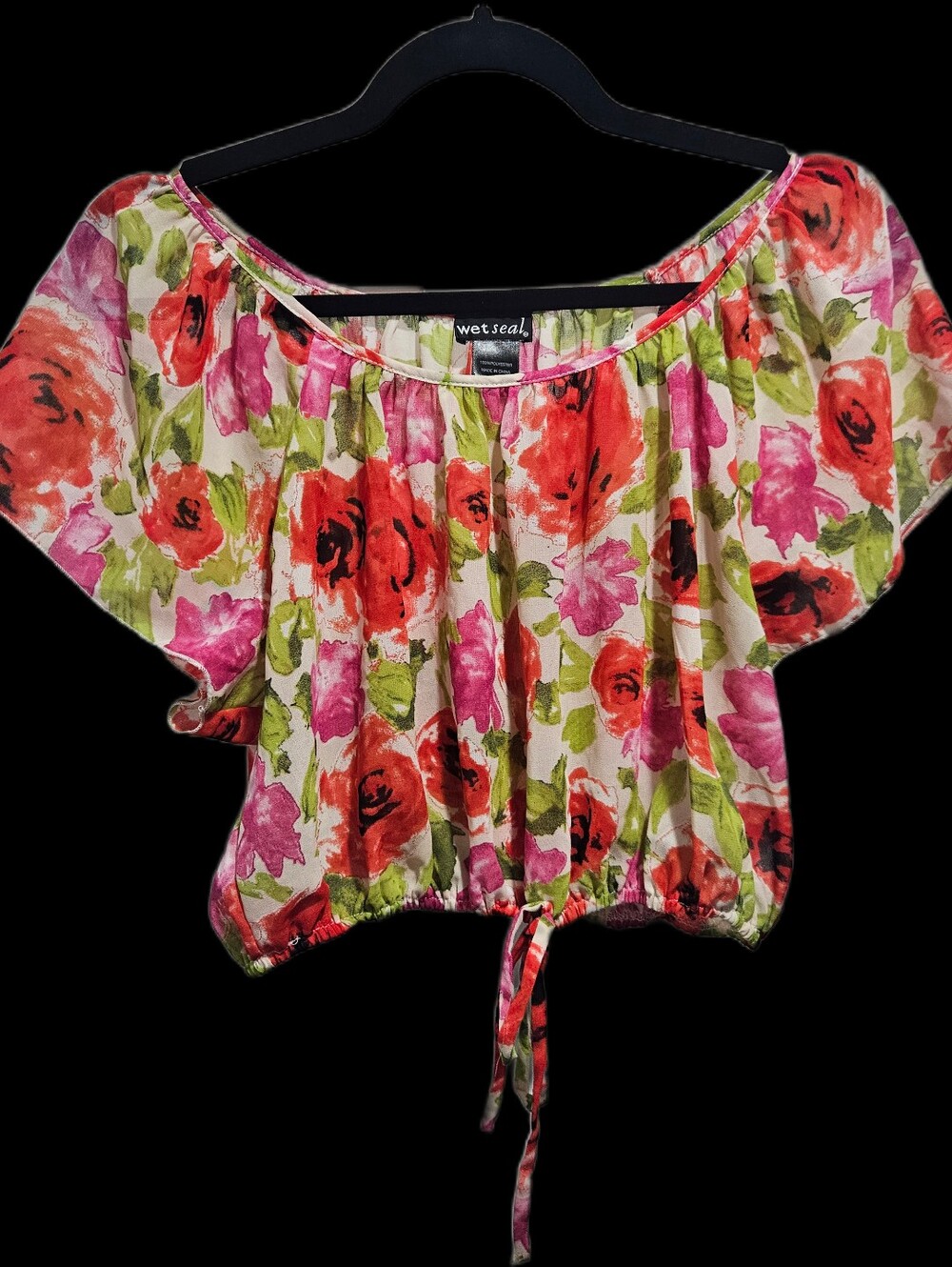 Floral Off-Shoulder Drawstring Crop Top in Pink, Red & Green